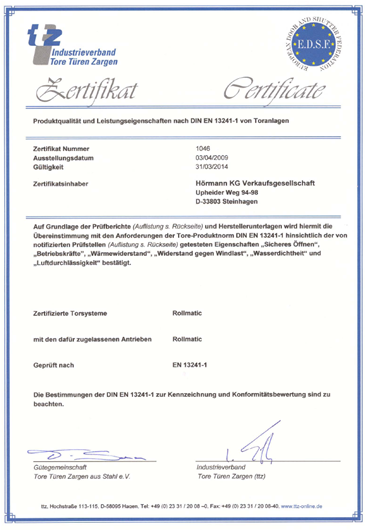сертификат безопасности Hormann
